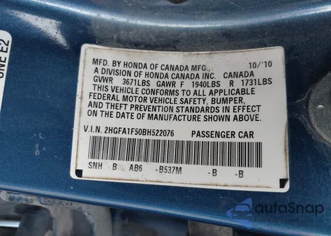 2011 Honda Civic Lx from USA, damaged, VIN 2HGFA1F50BH522076